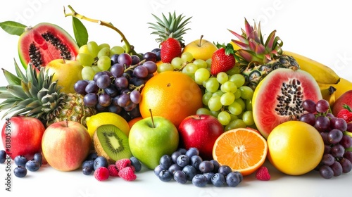 A variety of fruits are arranged together on a white background. 