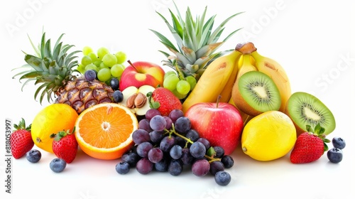 A variety of fruits are arranged together on a white background. 