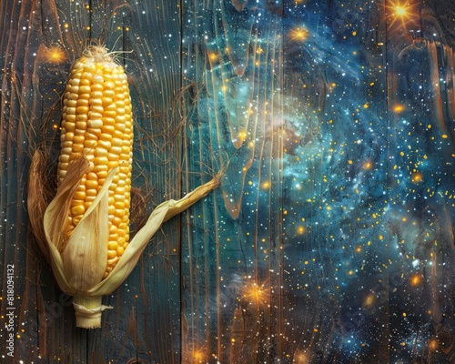 A single ear of corn against a rustic wooden background Background A swirling nebula filled with stars photo