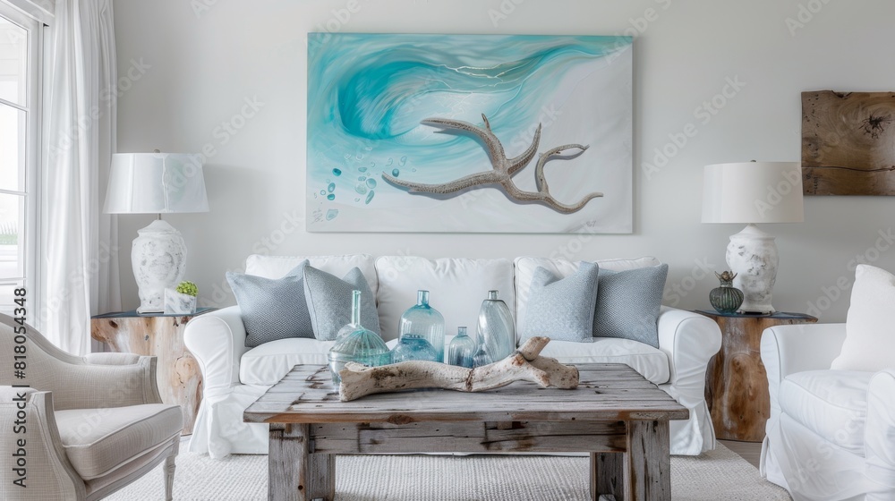Obraz premium A living room with a serene ocean theme, featuring sea glass decorations and soft blues, creating a peaceful, maritime-inspired oasis for relaxation and inspiration.