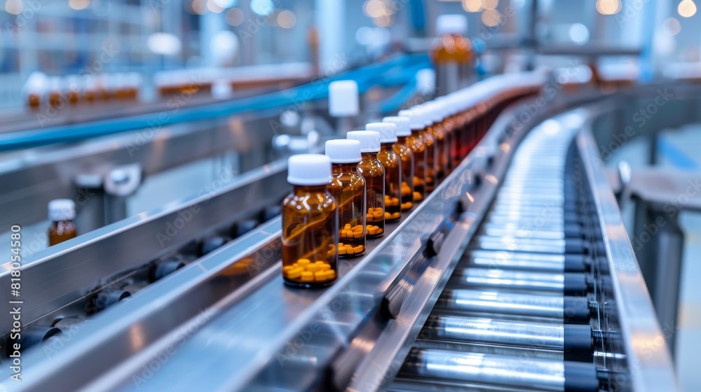 Clean and orderly conveyor belt carrying small glass medicine bottles in a high-tech pharmaceutical manufacturing facility
