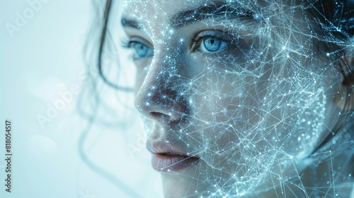 The girl  s face is covered with threads of an electronic network . Neural networks of facial recognition for human identification