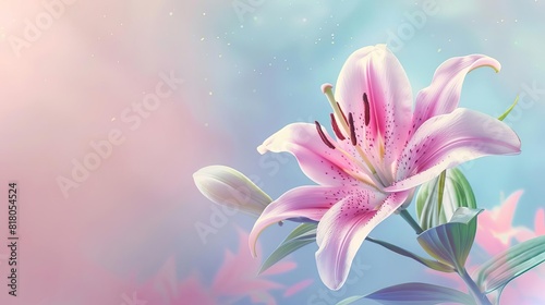 elegant pink lily flower blooming on soft gradient pink and blue background springtime floral panorama concept illustration