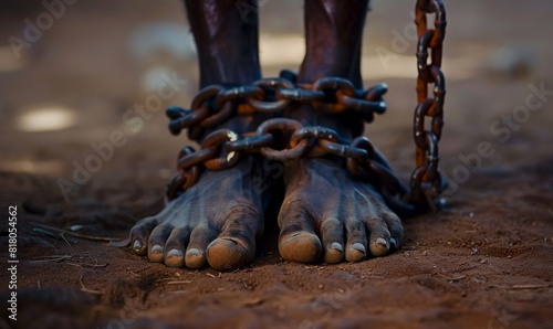 closeup of african foot bound by steel chain. for commemorate freedom from slavery in America. Juneteenth celebrate photo concept.