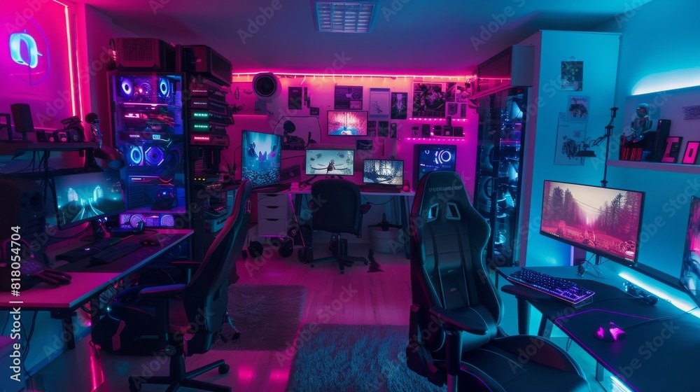 A gaming room filled with neon lights and multiple computer monitors displaying games. The room is vibrant and tech-savvy.
