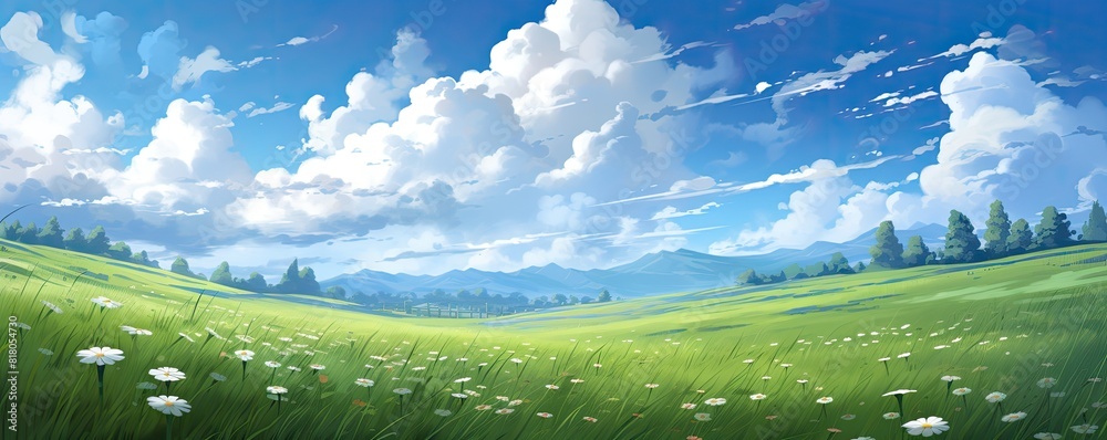 A beautiful, serene landscape with a large field of grass and a few trees A beautiful, serene landscape with a large field of grass and a few trees