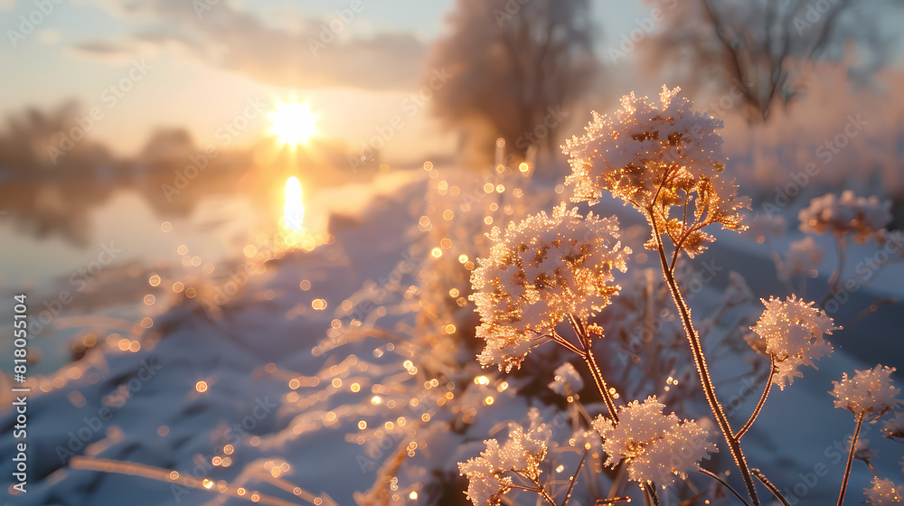 Winter season outdoors landscape, frozen plants in nature on the ground covered with ice and snow, under the morning sun - Seasonal background for Christmas wishes and greeting card
