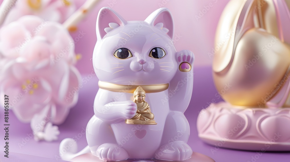 3D. Realistic. Printing. Illustrate. Generate AI. Traditional Japanese Lucky Cat, right front leg up, sitting on a pile of ancient coins, detailed kimono patterns, serene background. 3D. Realistic. Printing. Illustrate. Generate AI. Traditional Japanese Lucky Cat, right front leg up, sitting on a pile of ancient coins, detailed kimono patterns, serene background.