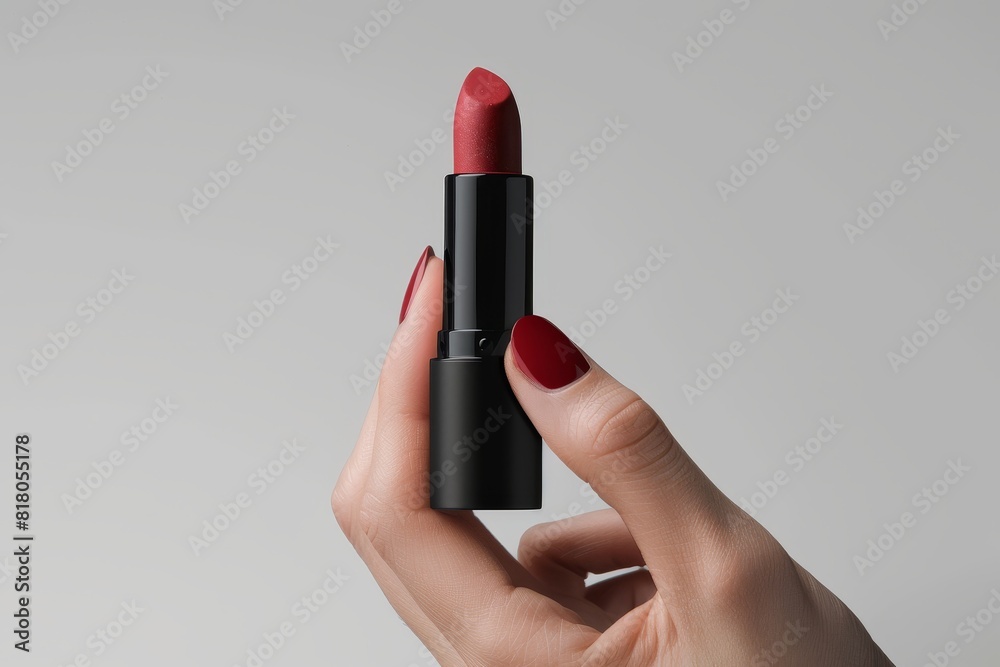 Mockup featuring a vibrant red lipstick held by a hand with matching red nail polish. Perfect for beauty product advertisements, cosmetics branding, and fashion promotions. Mockup featuring a vibrant red lipstick held by a hand with matching red nail polish. Perfect for beauty product advertisements, cosmetics branding, and fashion promotions.