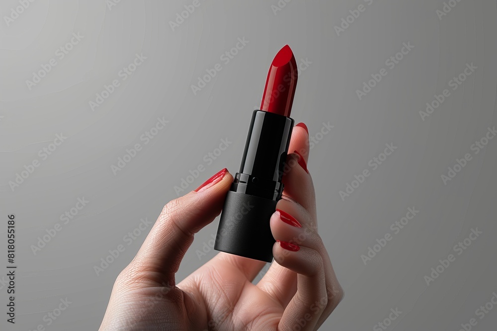 Mockup featuring a vibrant red lipstick held by a hand with matching red nail polish. Perfect for beauty product advertisements, cosmetics branding, and fashion promotions. Mockup featuring a vibrant red lipstick held by a hand with matching red nail polish. Perfect for beauty product advertisements, cosmetics branding, and fashion promotions.