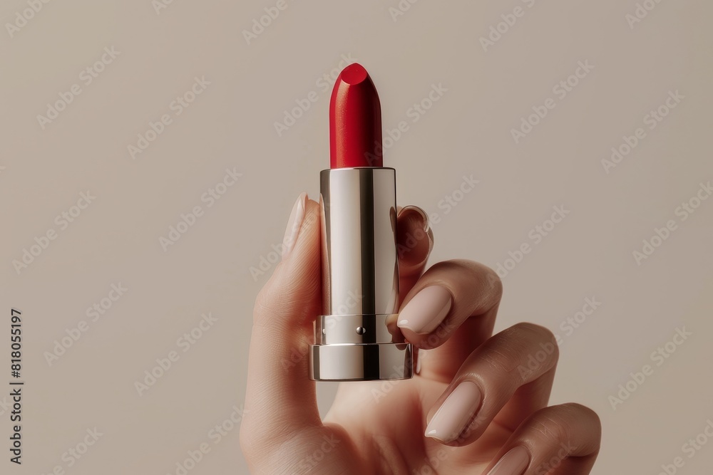Mockup featuring a vibrant red lipstick held by a hand with matching red nail polish. Perfect for beauty product advertisements, cosmetics branding, and fashion promotions. Mockup featuring a vibrant red lipstick held by a hand with matching red nail polish. Perfect for beauty product advertisements, cosmetics branding, and fashion promotions.