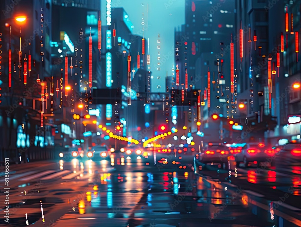Cityscape. Urban street with skyscrapers and traffic. Night.