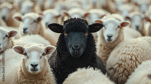 A black sheep among a flock of white sheep  raising head as a leader - Concept of standing out from the crowd  of being different and unique with its own identity and special skills among the others 