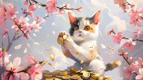 3D. Realistic. Printing. Illustrate. Generate AI. Traditional Japanese Lucky Cat, right front leg up, sitting on a pile of ancient coins, detailed kimono patterns, serene background.