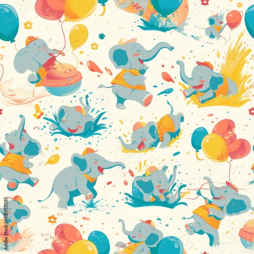 Joyful elephants with colorful water balloons create a playful seamless pattern  perfect for children s room wallpaper or a fun textile design. Wallpaper background.