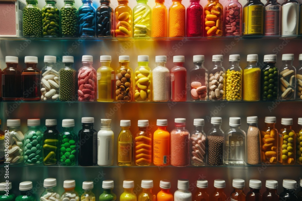 There are many different colored pills and pills in glass jars. Medicine background There are many different colored pills and pills in glass jars. Medicine background