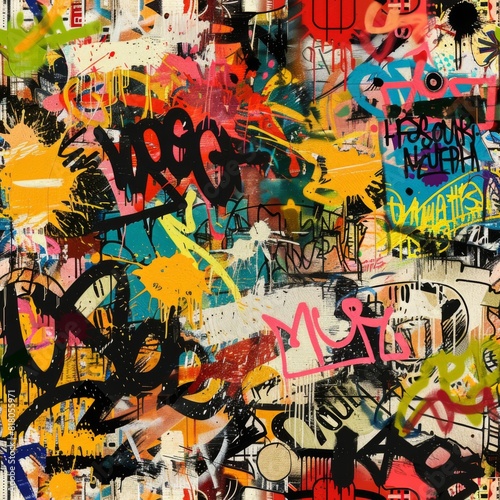 Urban graffiti art with vibrant splatters  tags  and icons in a chaotic collage. Seamless pattern wallpaper background.