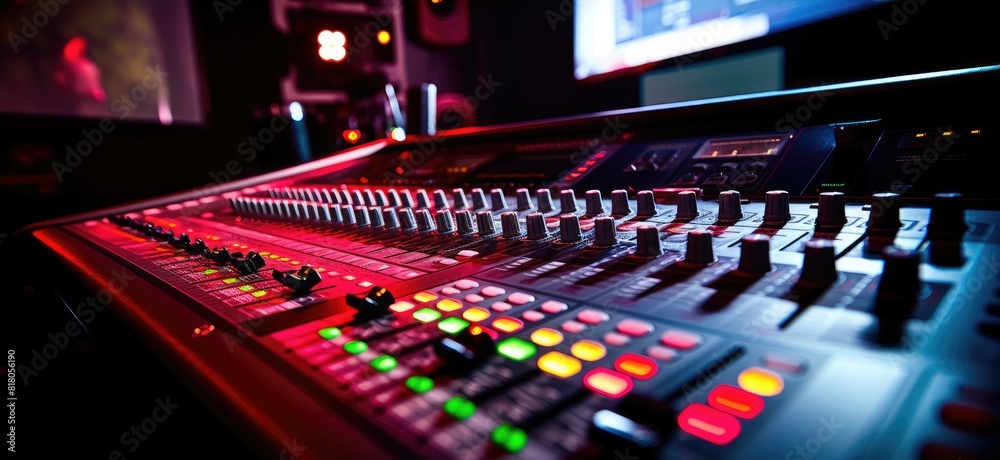 A spacious soundboard adorned with numerous knobs and buttons. A spacious soundboard adorned with numerous knobs and buttons.