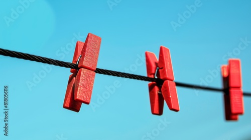 Bright red clothes pegs on a black clothesline, stark contrast with the clear blue sky, close-up shot highlighting the vivid colors, modern and vibrant © Paul