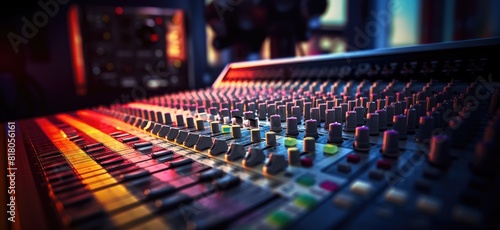 A spacious soundboard adorned with numerous knobs and buttons.