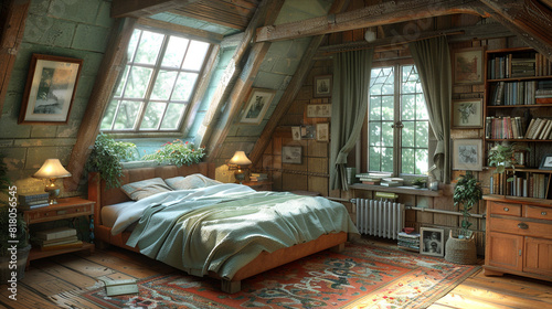 A cozy attic bedroom from the 1940s with a rustic wooden bed frame and soft, warm lighting © Laraib