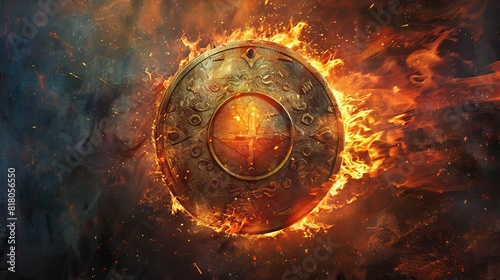 A shield from ancient times, enwrapped in sacred flames, dissolving all perilous entities that approach