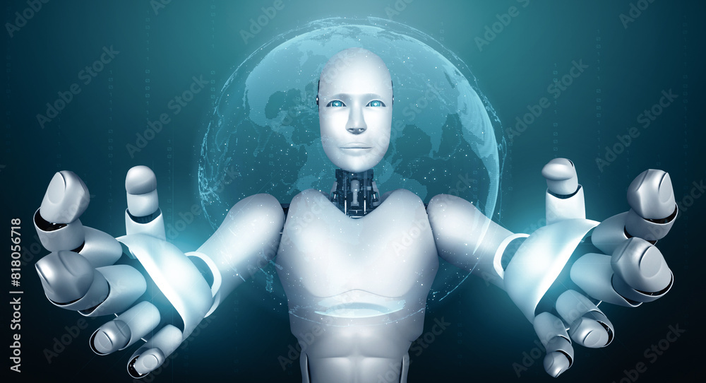 MLP 3d illustration AI humanoid robot holding hologram screen shows concept of global communication network using artificial intelligence thinking by machine learning process. 3D illustration computer