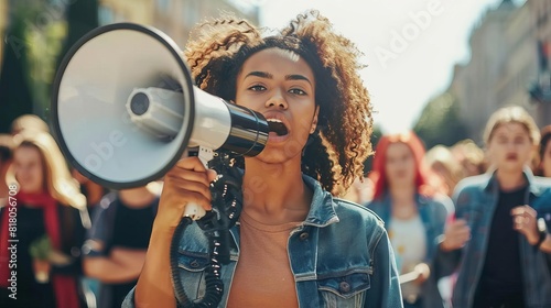 female activist leading protest with megaphone group of demonstrators in background social issues concept photo