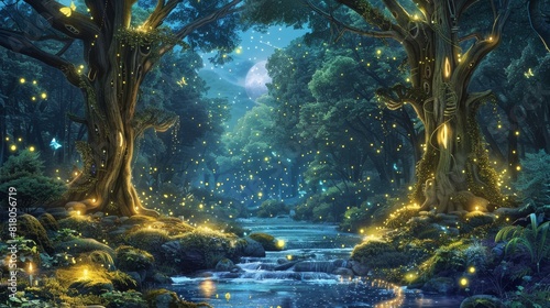 A magical forest scene at twilight  fireflies illuminating the surroundings  ancient trees with faces  and a sparkling river