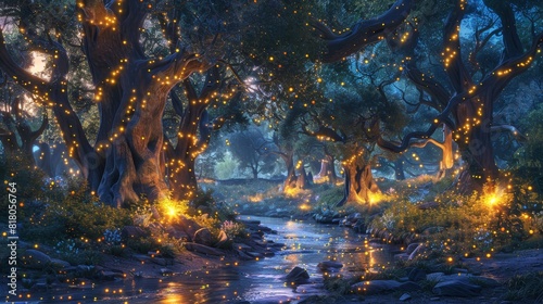 A magical forest scene at twilight, fireflies illuminating the surroundings, ancient trees with faces, and a sparkling river