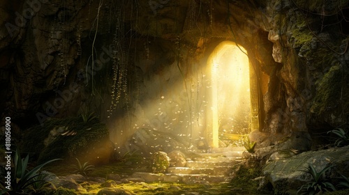 A hidden ancient gateway in a cave  ethereal light shining through  revealing hidden treasures and artifacts