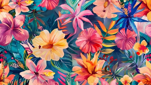 A vibrant tapestry of tropical flowers in a vivid color explosion
