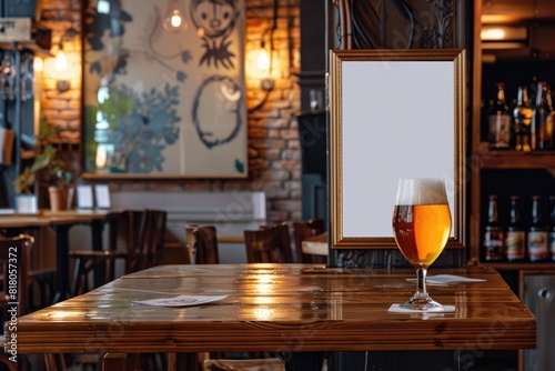 Classic Pub Interior with Pint of Beer on Wooden Bar and Blank Frame