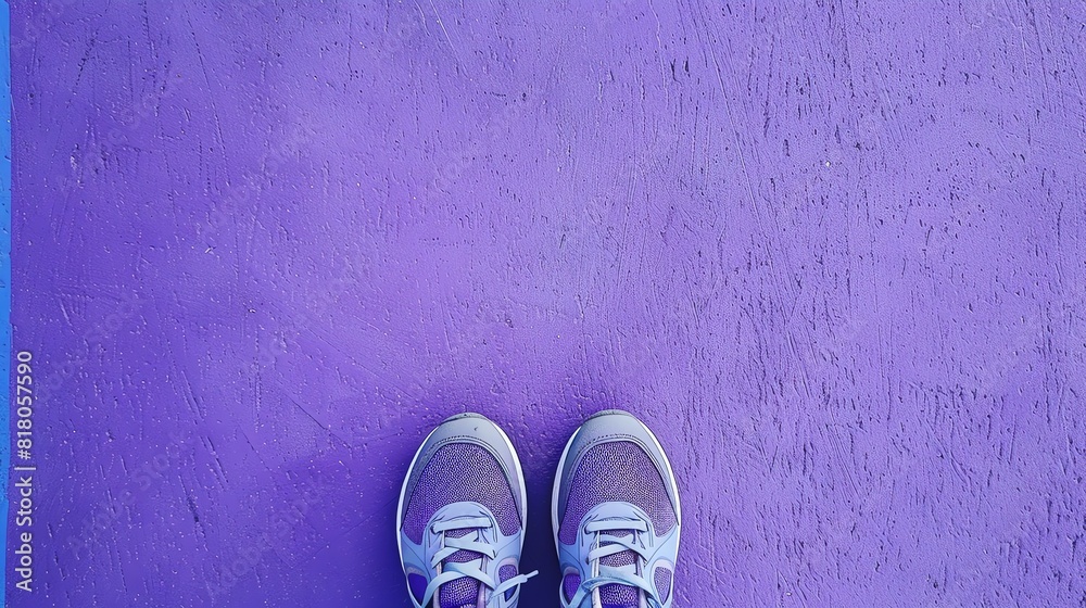 Feet in purple sneakers standing on a purple textured surface.
