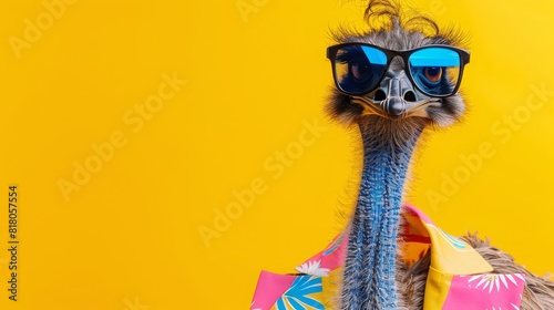 Creative animal concept. emu bird,vibrant bright fashionable outfits isolated on solid yellow background advertisement with copy space. birthday party invite invitation banner