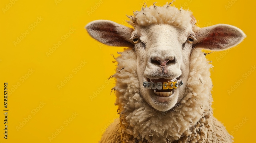A cheerful sheep with vibrant braces smiling widely, set against a yellow solid color background, perfect for dental ads A cheerful sheep with vibrant braces smiling widely, set against a yellow solid color background, perfect for dental ads