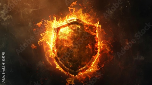 An ancient shield glowing with a protective flame, engulfing and burning away all incoming threats photo