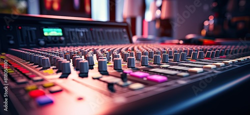 A spacious soundboard adorned with numerous knobs and buttons. photo