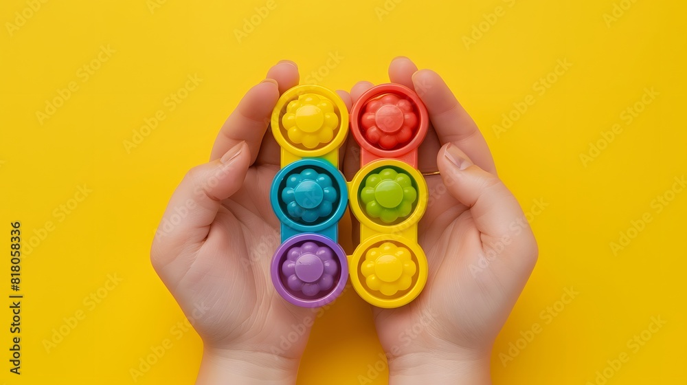 Hands holding colorful pop it fidget toys on yellow background. Push pop-it fidgeting game helps relieve stress, anxiety, autism, provide sensory and tactile experience for children Hands holding colorful pop it fidget toys on yellow background. Push pop-it fidgeting game helps relieve stress, anxiety, autism, provide sensory and tactile experience for children
