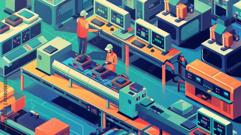 Advanced electronics factory floor, engineers monitoring the automated production of capacitors, vibrant color scheme Advanced electronics factory floor, engineers monitoring the automated production of capacitors, vibrant color scheme
