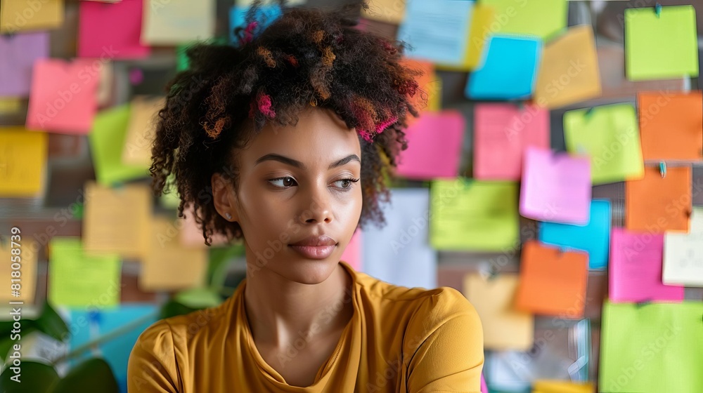 focused young woman arranging colorful sticky notes on wall planning and organizing tasks lifestyle photography focused young woman arranging colorful sticky notes on wall planning and organizing tasks lifestyle photography
