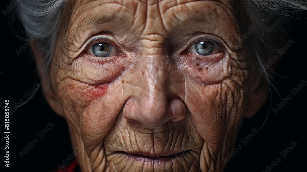 A mesmerizing close-up portrait of an elderly woman with ageless skin, her wrinkles telling stories of a life well-lived. A mesmerizing close-up portrait of an elderly woman with ageless skin, her wrinkles telling stories of a life well-lived.