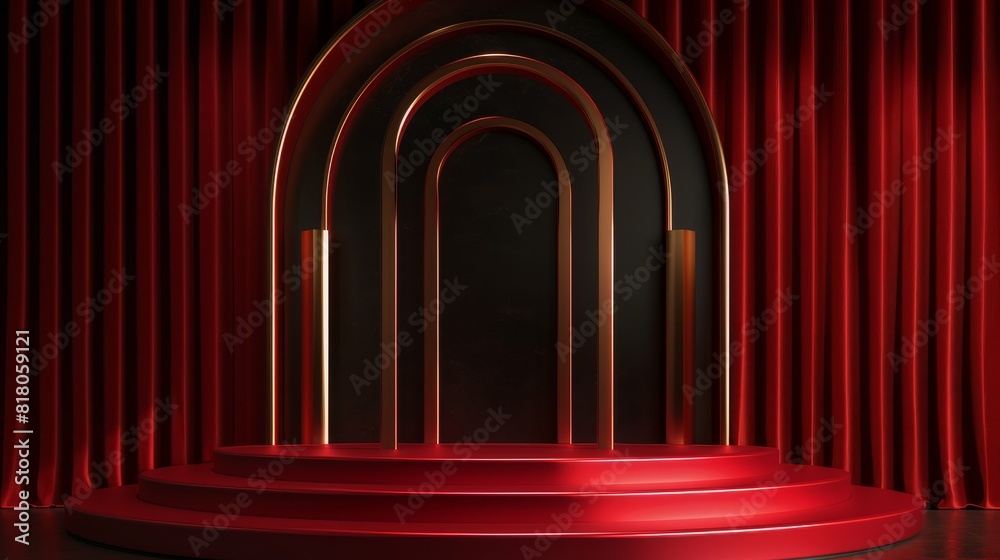 An empty red podium, a black arch, a textured red background, steps, a showcase for displaying goods. 3D rendering. An empty red podium, a black arch, a textured red background, steps, a showcase for displaying goods. 3D rendering.