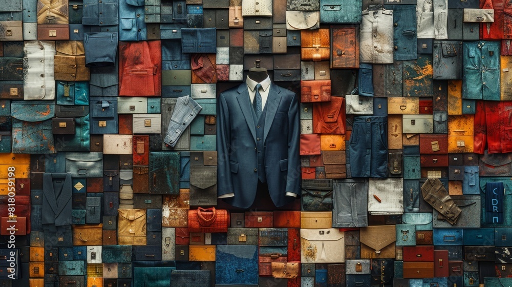 modern business art, dispersed elements like suits, ties, and office supplies on a digital canvas create a complex portrayal of modern professionalism and entrepreneurship