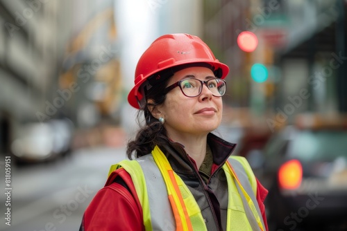 Frau mit Schutzhelm und Sicherheitsweste auf Baustelle Woman with hard hat and safety vest on construction site