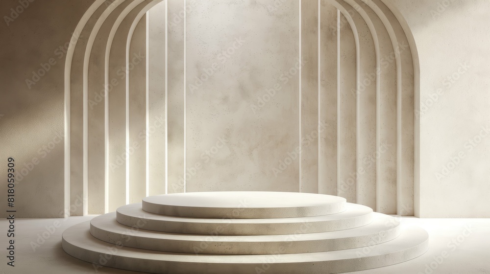 An empty podium - beige cream color background, minimalism, an empty showcase in front for displaying goods. 3D rendering. An empty podium - beige cream color background, minimalism, an empty showcase in front for displaying goods. 3D rendering.
