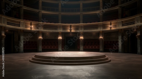 An empty round podium on the background of the interior of the theater stage, a showcase for displaying goods. 3D rendering. © EvaMur