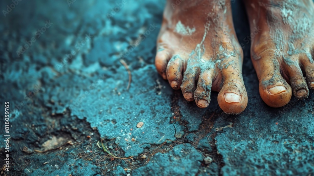 Obraz premium Close-up of Weathered, Barefoot Human Feet on Rough Ground