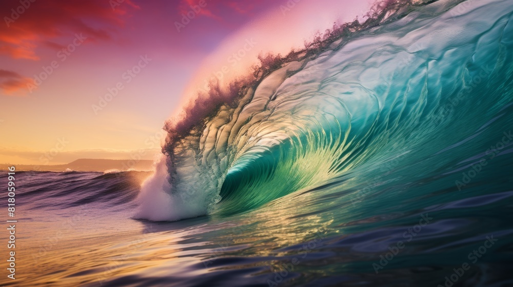 © venusvi - A photo of a wave with a rainbow forming inside of it.