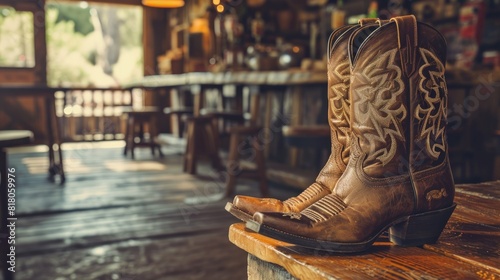 A Pair of Ornate Cowboy Boots on a Rustic Wooden Bench in a Western-Themed Bar